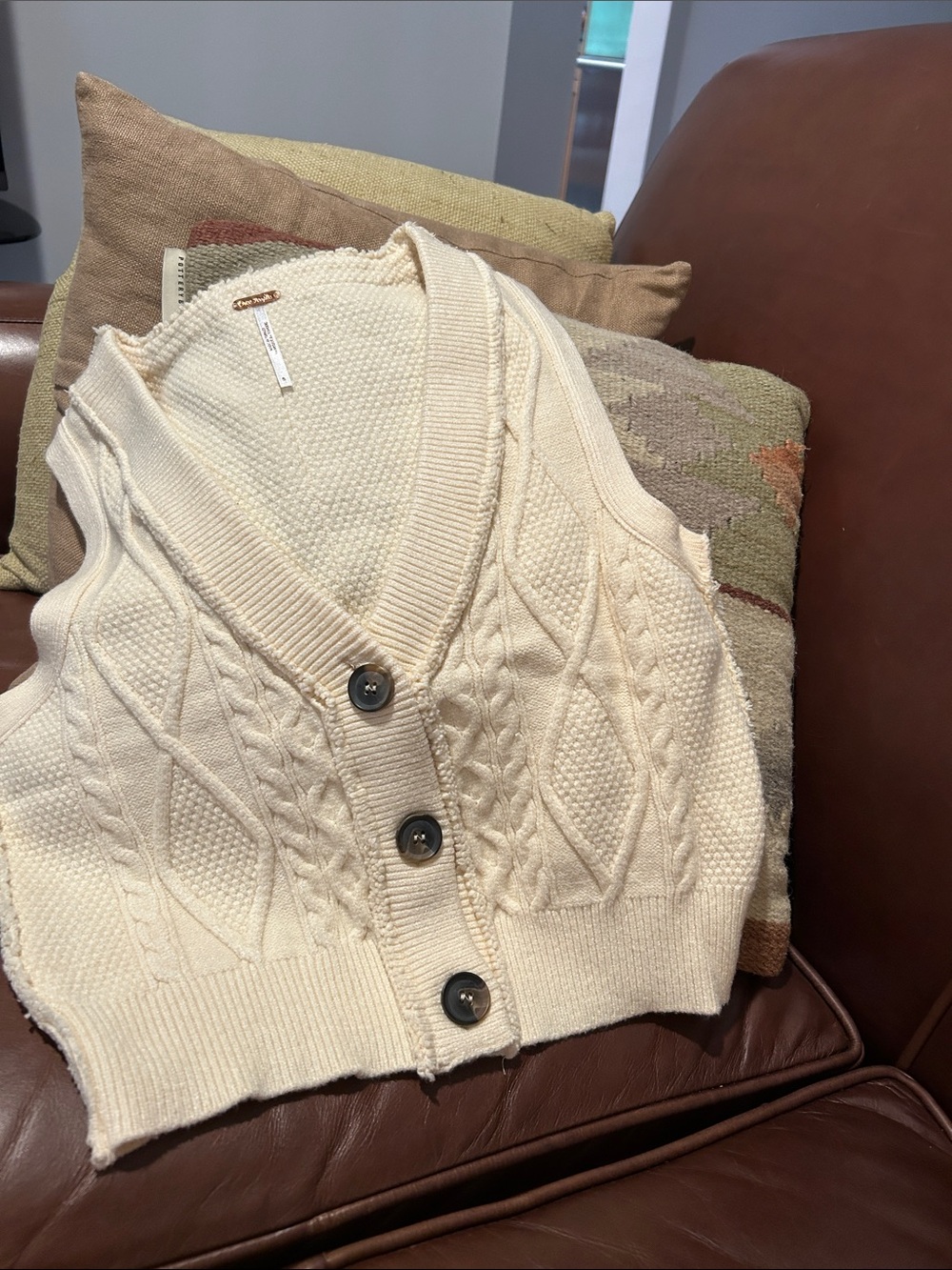 Free People Cream Cable Knit V-Neck Button Vest